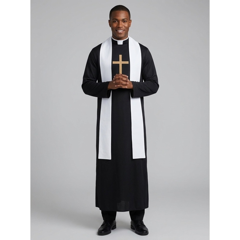 Father Priest Costume Men 4 Piece Set Black Robe White Stole Collar Adult Plus